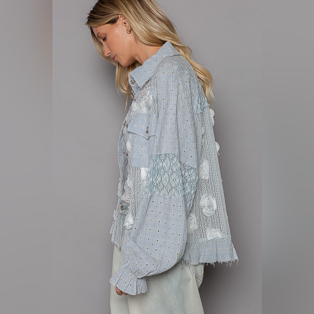 949. POL LAST 1! Jacket Top shacket Blue Lace Woven Balloon Sleeve Front Pockets - Picture 4 of 5
